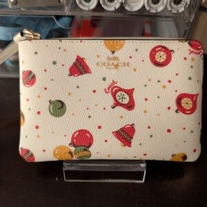 Coach Leather Holiday Wristlet with Festive Ornaments Creamy White EUC